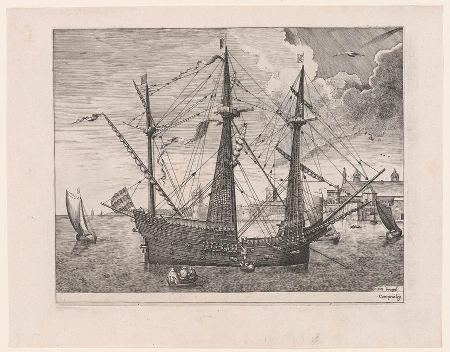 Armed Three-Master Anchored Near a City