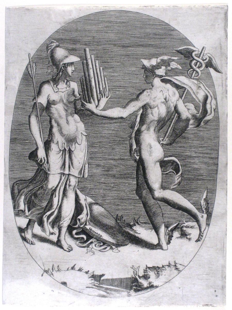 Mercurius schenkt Athene een panfluit