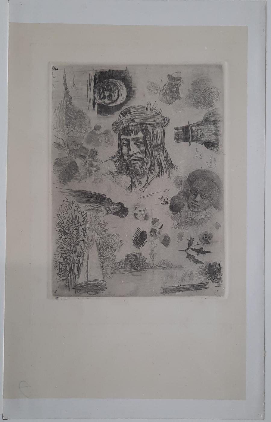 De prent met een portret van een Roma man en andere gezichten