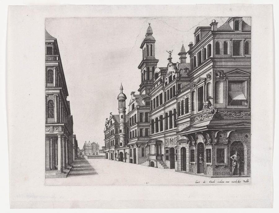 Imaginary view of a street, with on the corner the house 'In the Four Winds'