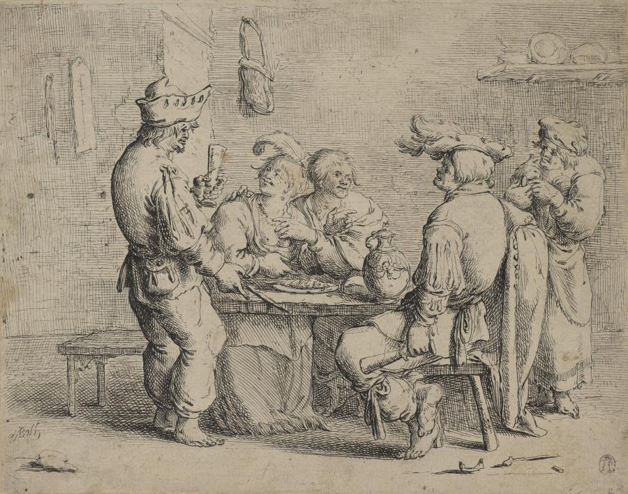 Drie boeren rond een tafel met een prostituee