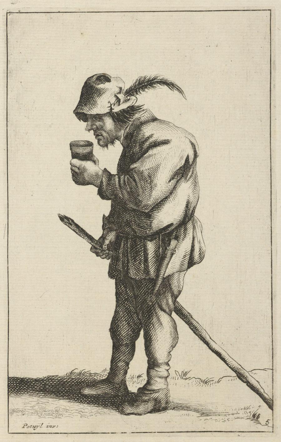 Staande boer met een drinkbeker in zijn hand