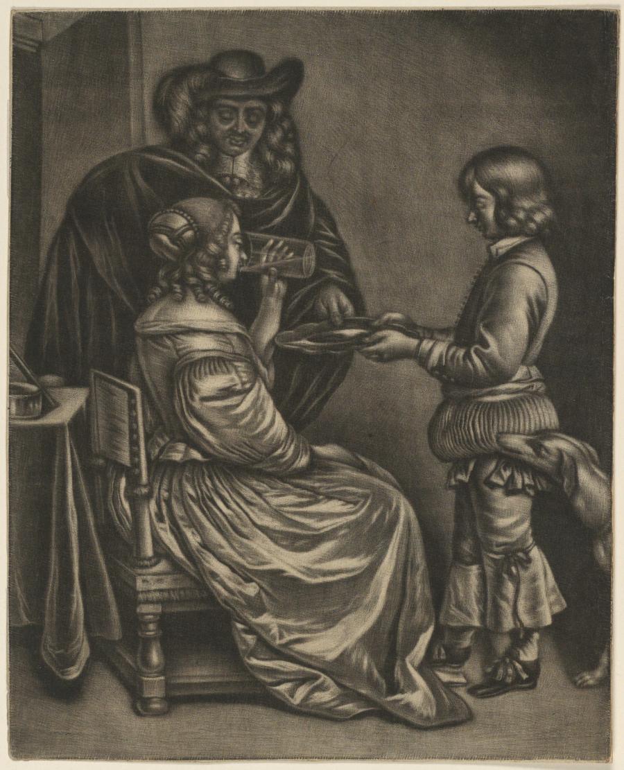 Male Servant Offering a Platter to a Seated Lady