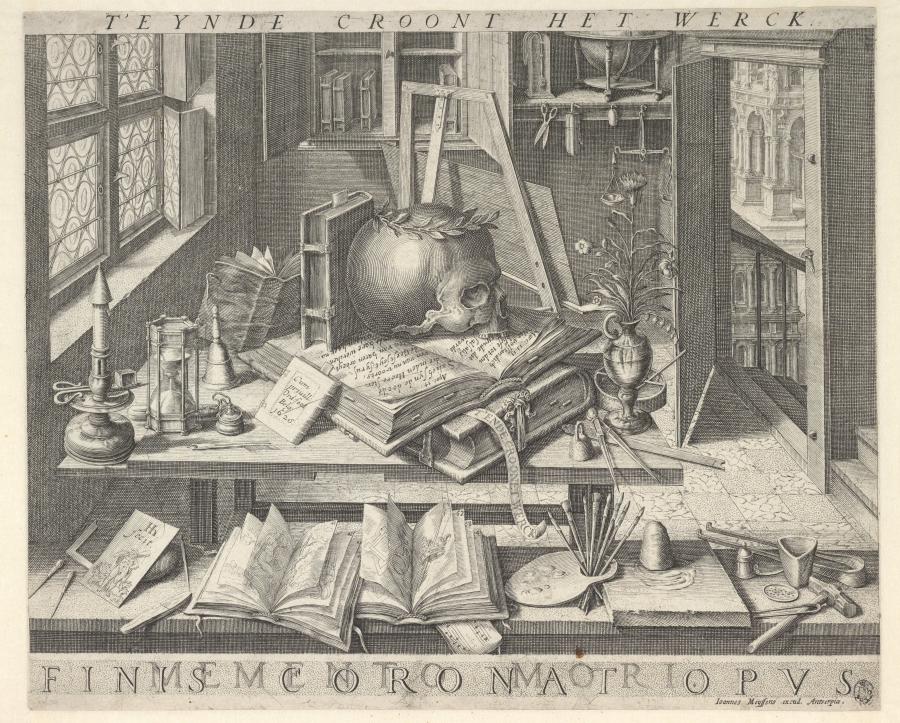 Still Life with Skull, Sandglass, Books, and Artist's Utensils