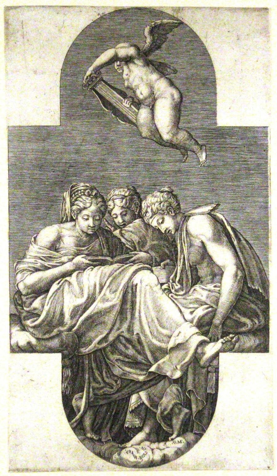 Drie muzen en een putto met een lier
