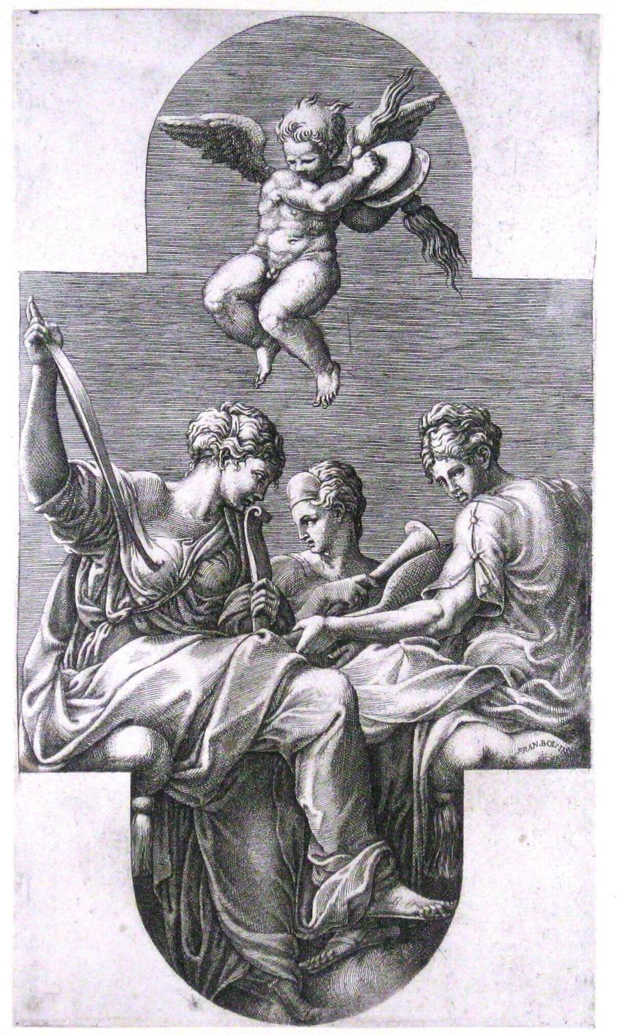 Drie muzen en een putto met cimbalen