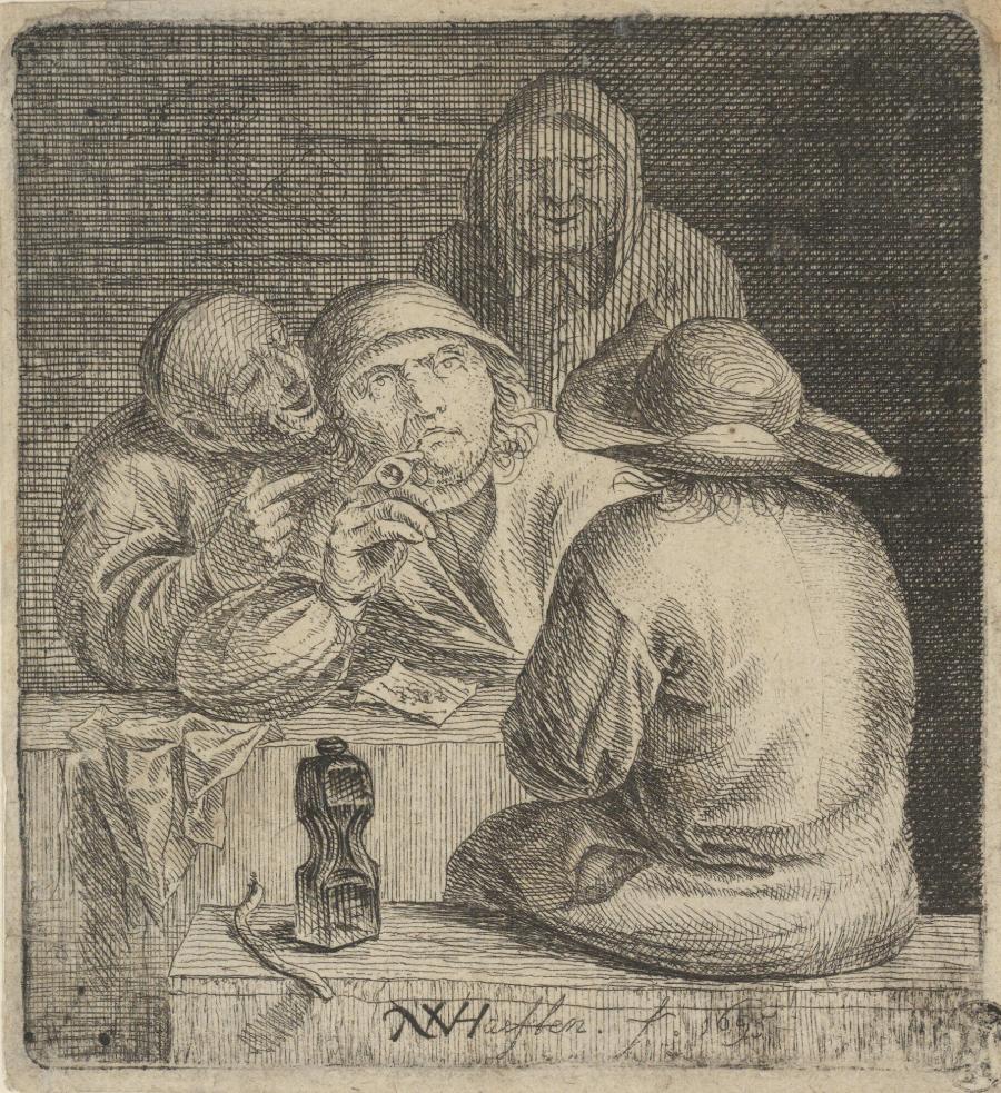 A Smoker at a Table and a Man Speaking to Him