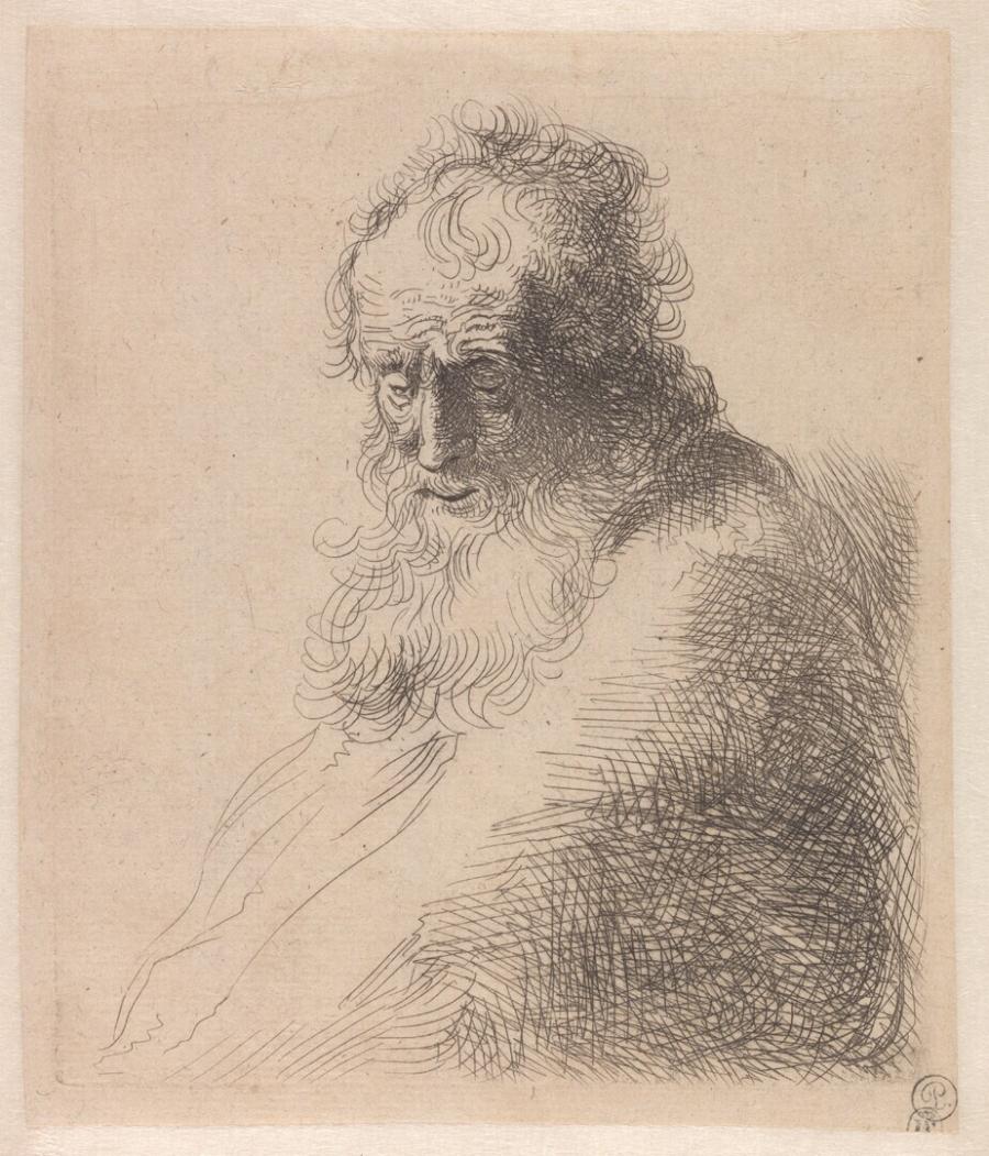 Buste van een oude man met baard, naar onder kijkend
