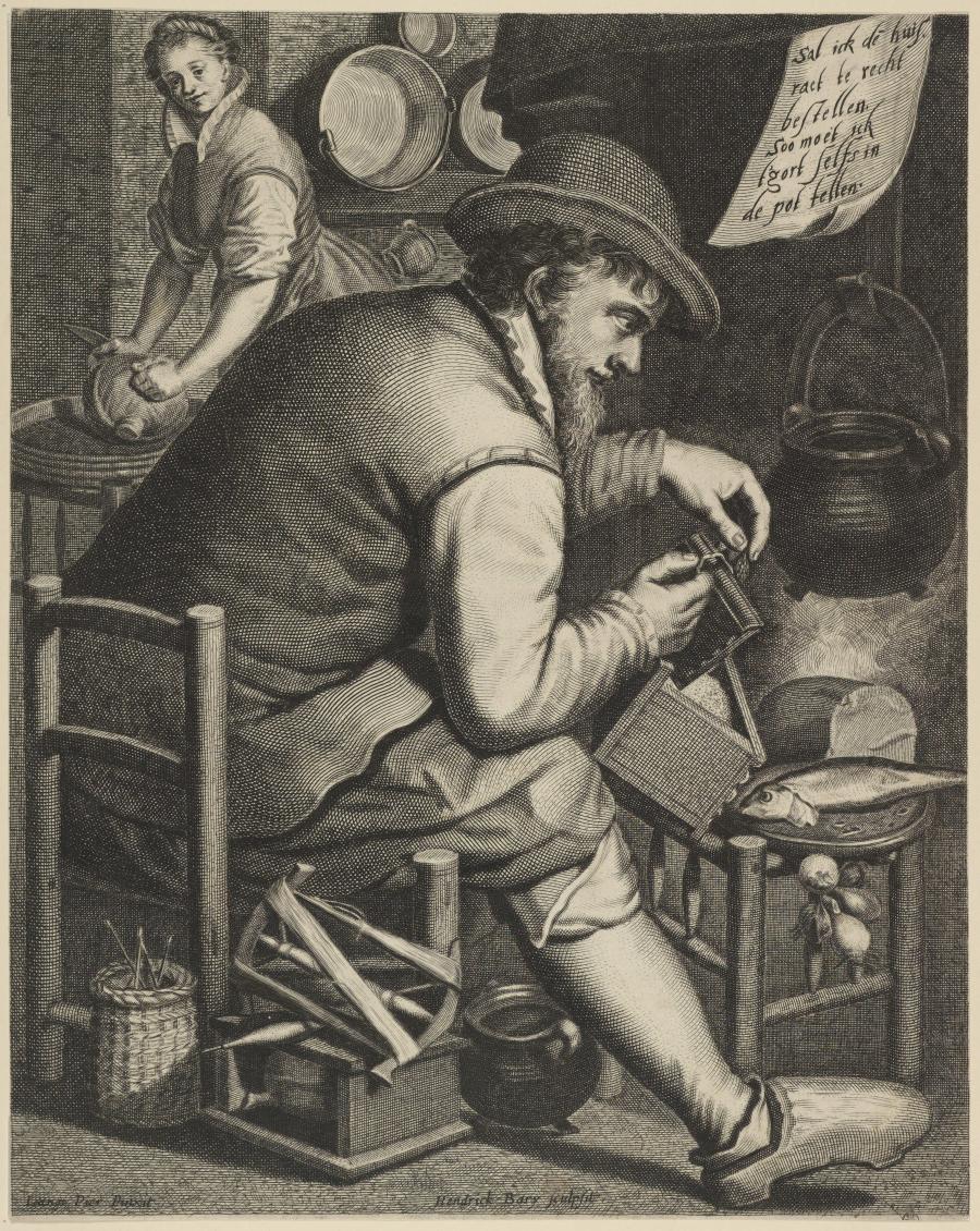 A Peasant Sitting by the Fireplace, Cooking his Meal