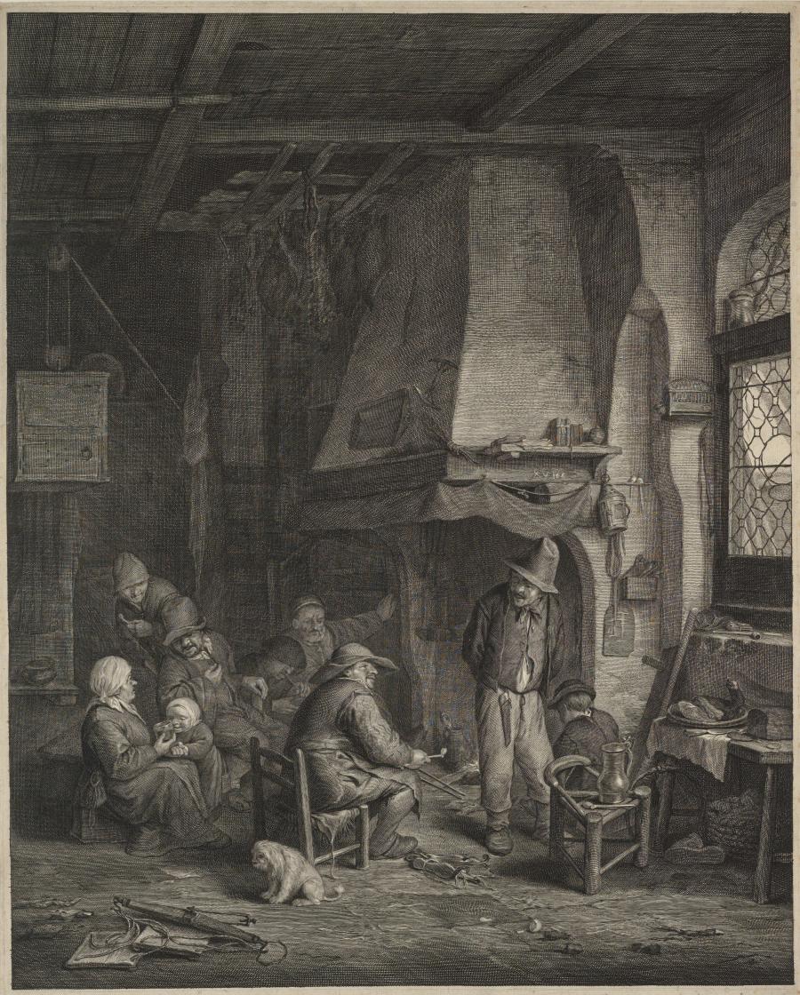 Interieur met gezelschap bij een haard