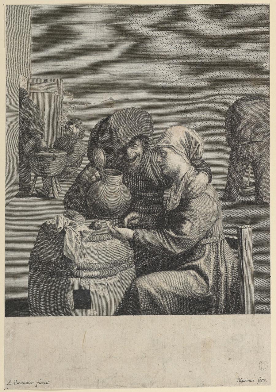 A Peasant with Felt Hat, and a Jug in his Right Hand, Embracing a Young Woman