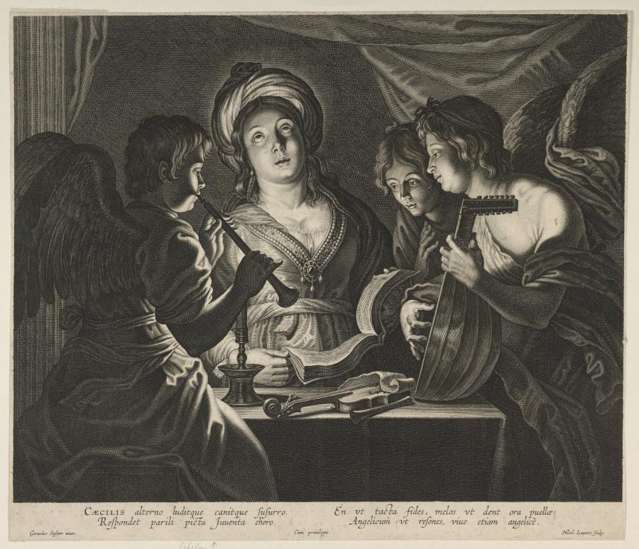 De heilige Cecilia met drie musicerende engelen