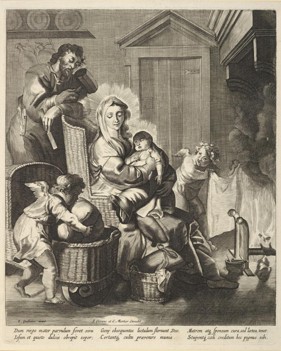 De heilige familie met twee engelen