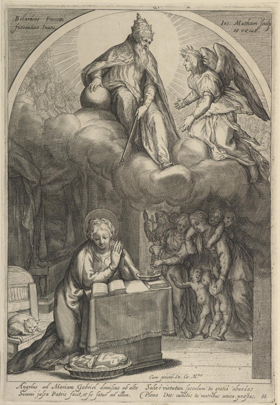 The Lord and Gabriel Anticipating the Annunciation; Mary Kneeling Below