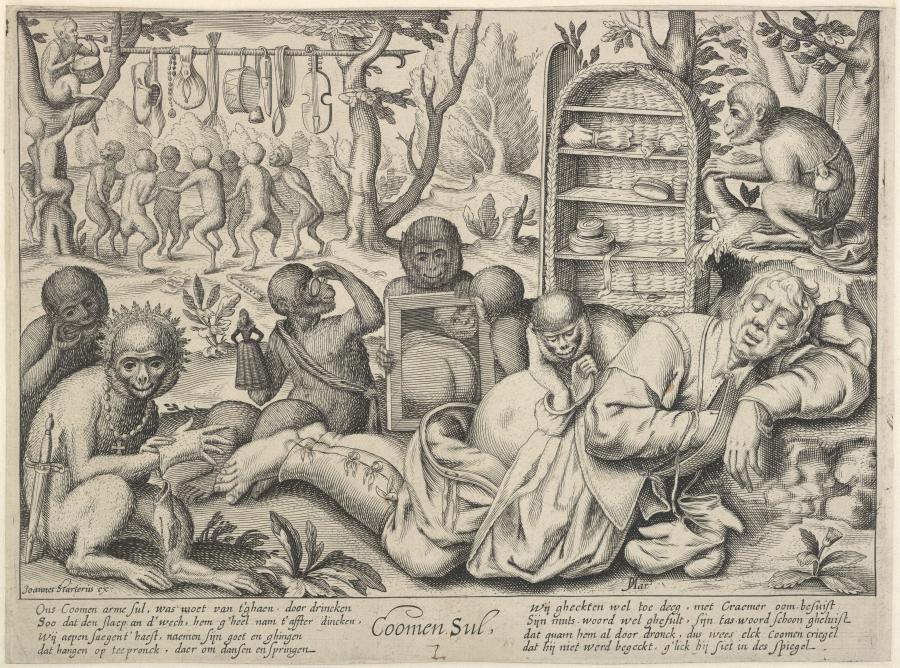 Sleeping Peddler Robbed by Monkeys