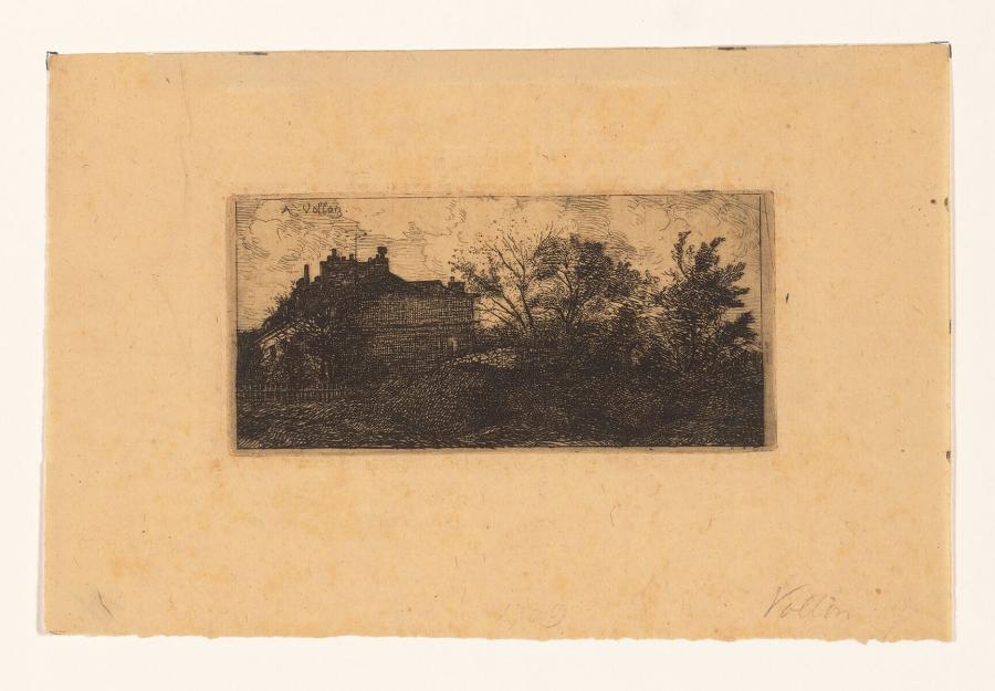 Landschap met huizen achter een hek en bomen op de voorgrond
