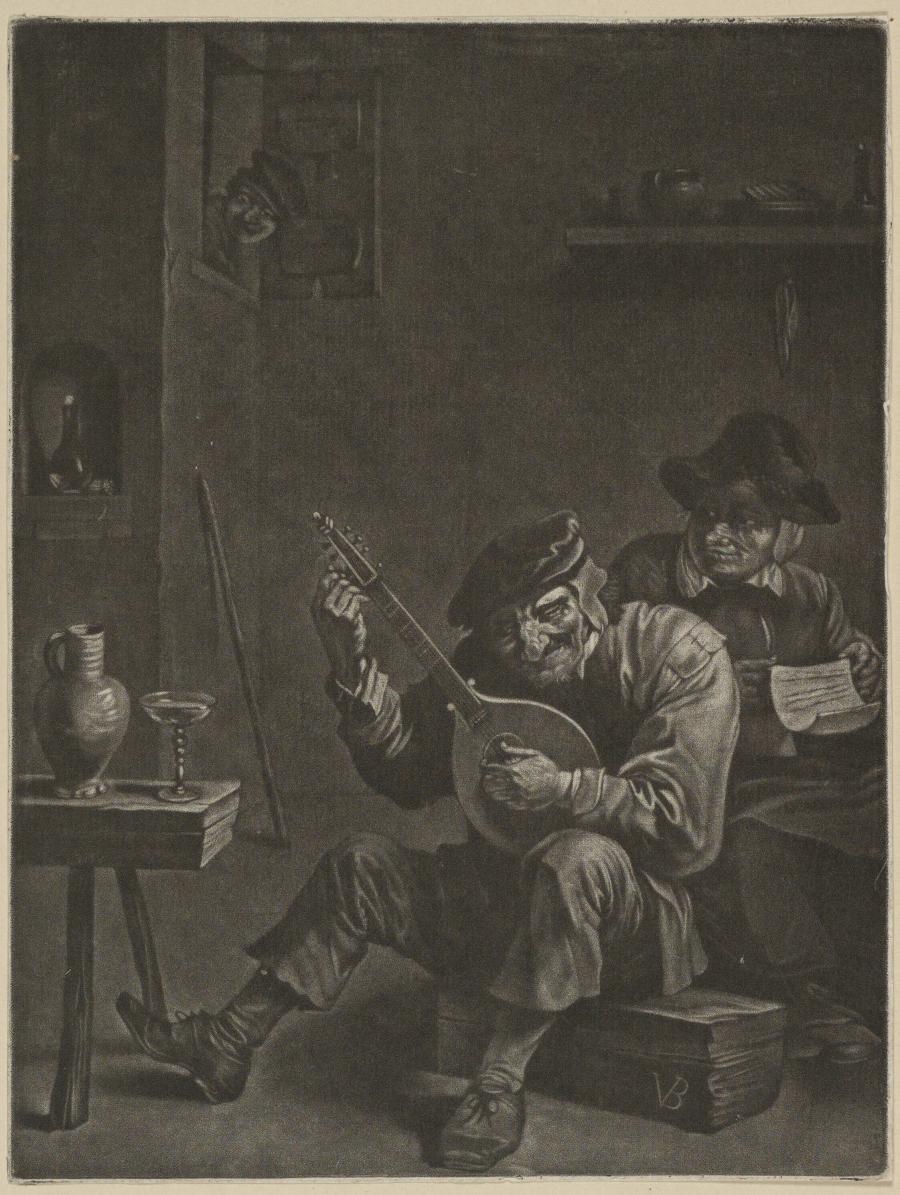 Een man met een mandoline en vrouw met een brief