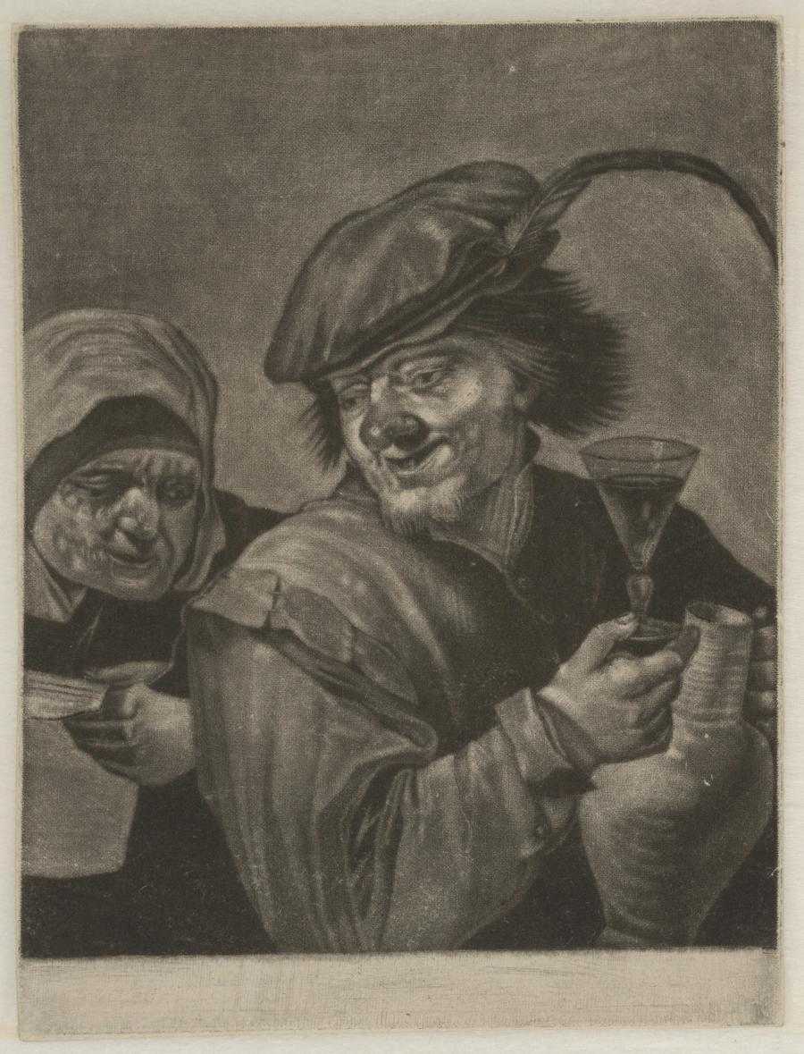 Man met kruik en glas en vrouw met brief
