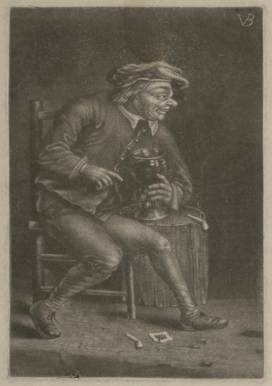 Grijnzende man op stoel met grote roemer