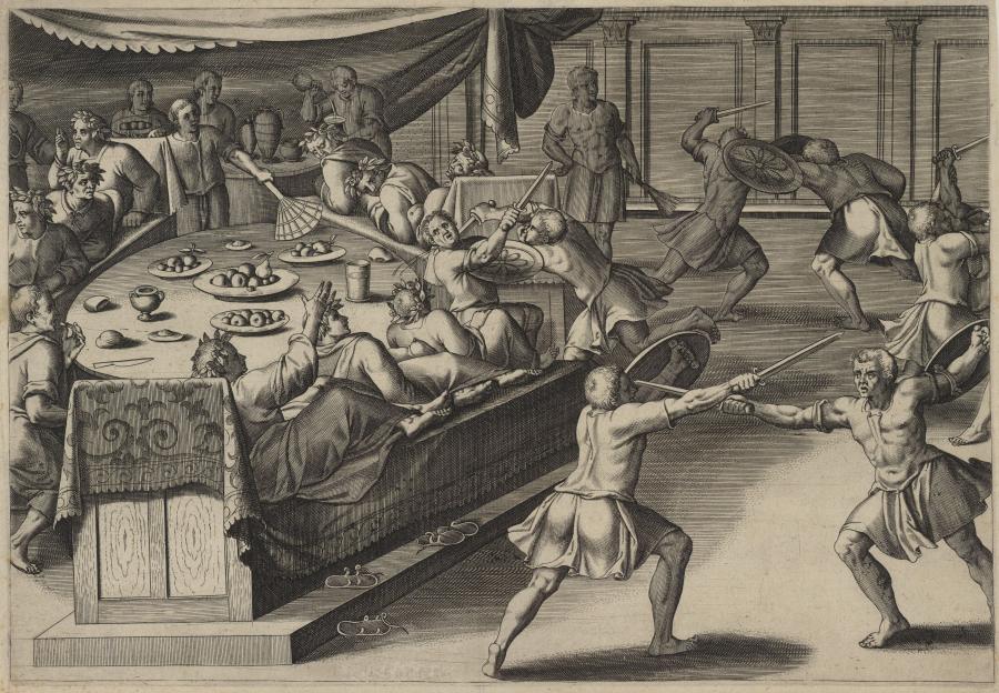 Gladiatorengevecht in een eetzaal
