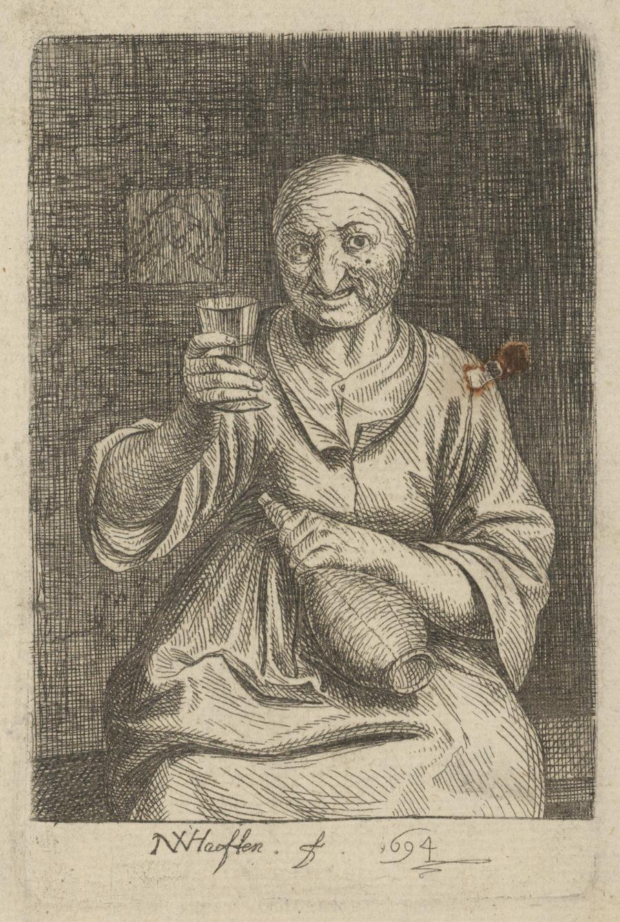 An Old Woman Seated with Glass and Bottle