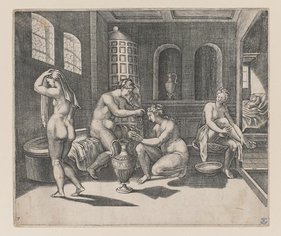 Psyche bij het baden bijgestaan door nimfen