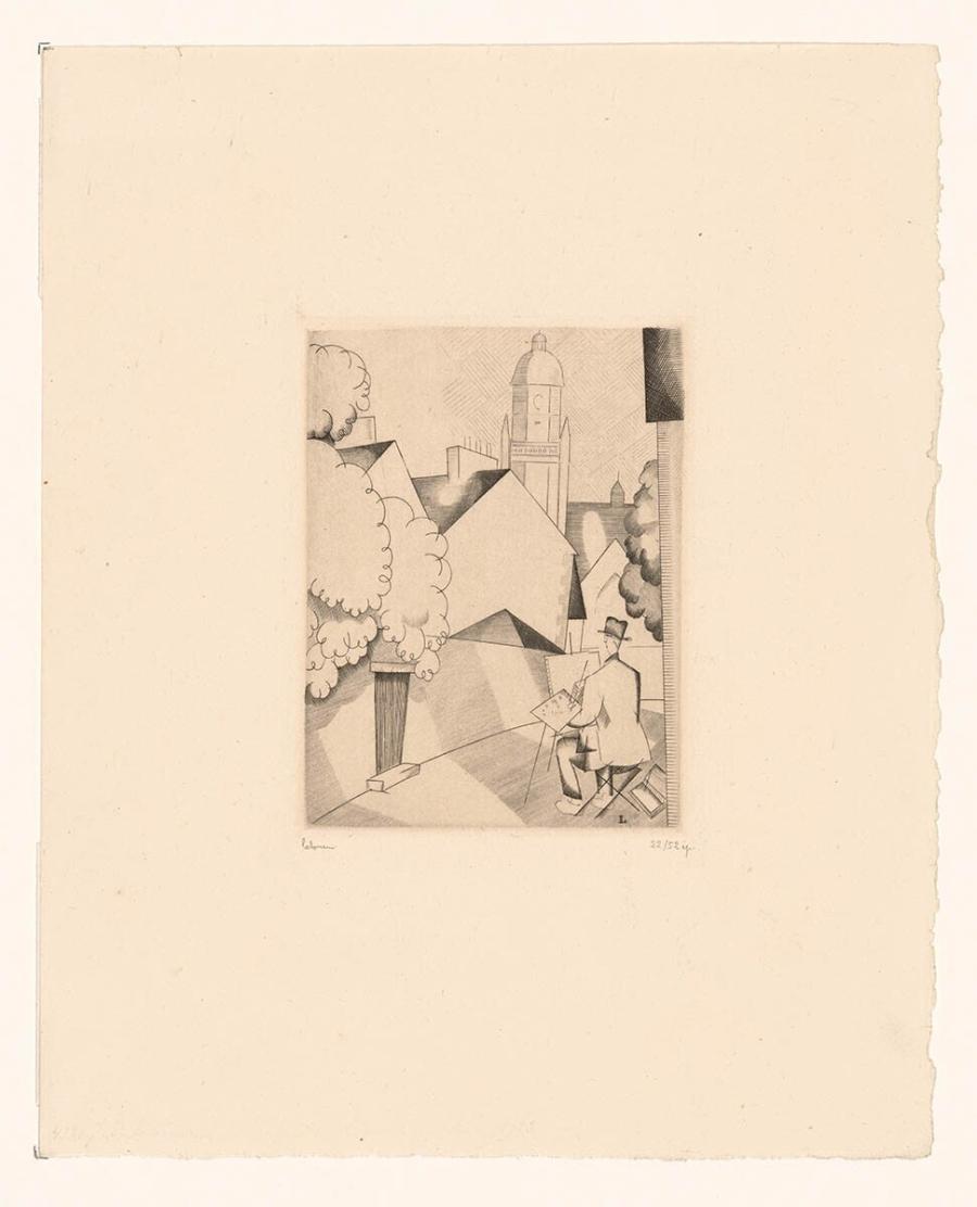 Man painting Houses and a Church Tower