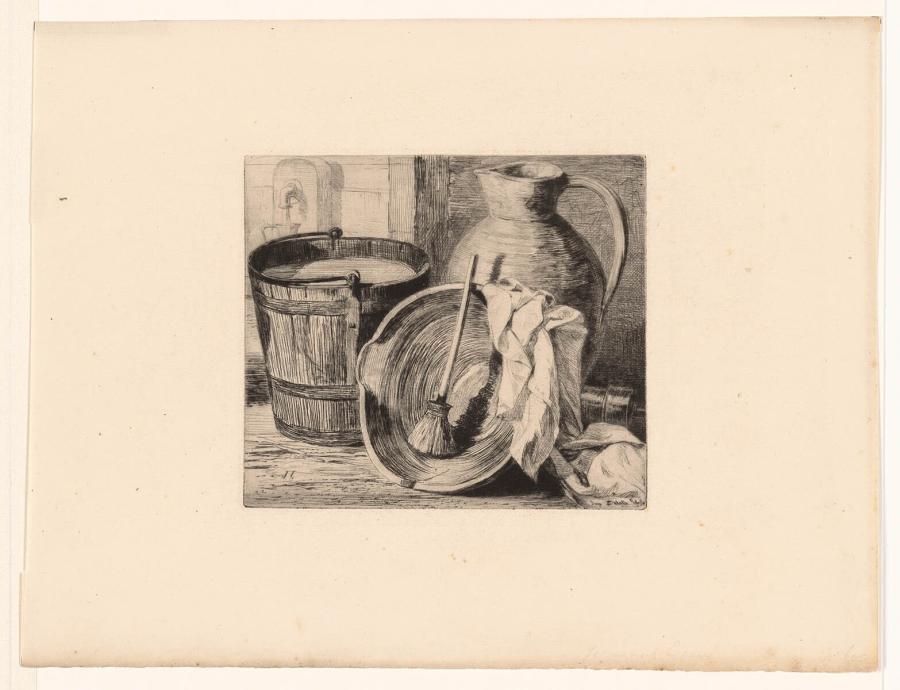 Stilleven van emmer, vat en kruik