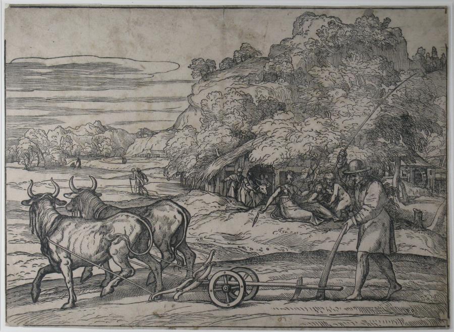 Landschap met een ploegende boer met twee ossen, spinnende vrouwen in de achtergrond (naar Titiaan)