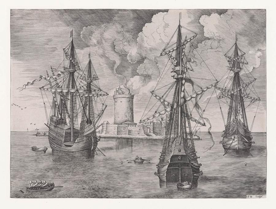 Viermaster en twee bewapende driemasters voor anker bij een versterkt eiland met vuurtoren