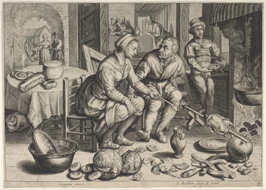 Kitchen Scene with Man and Woman Roasting a Chicken