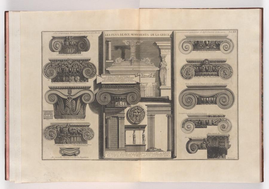 Various Roman Ionic Capitals Compared with Greek Ones by the Illustration of Le Roy