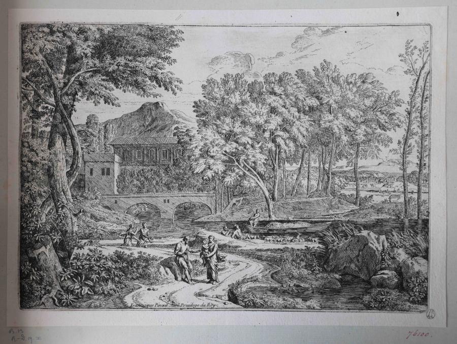 Landschap met een kudde schapen bij een rivier