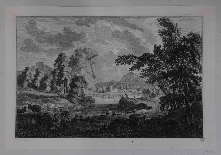 Landschap met river met herders en ezels