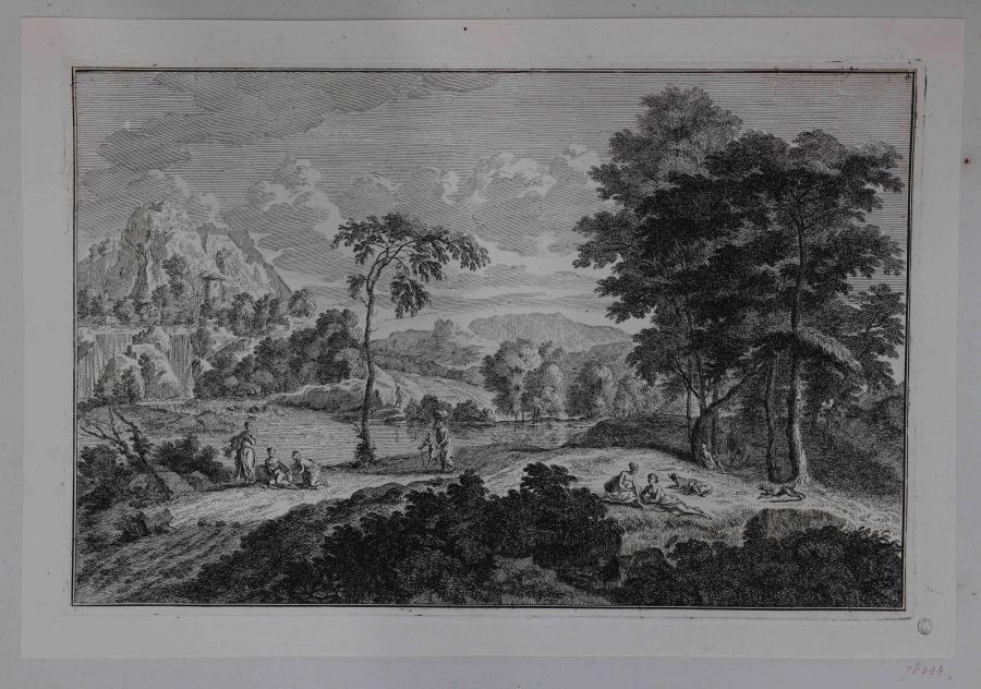 Rivierlandschap met waterval en diverse figuren