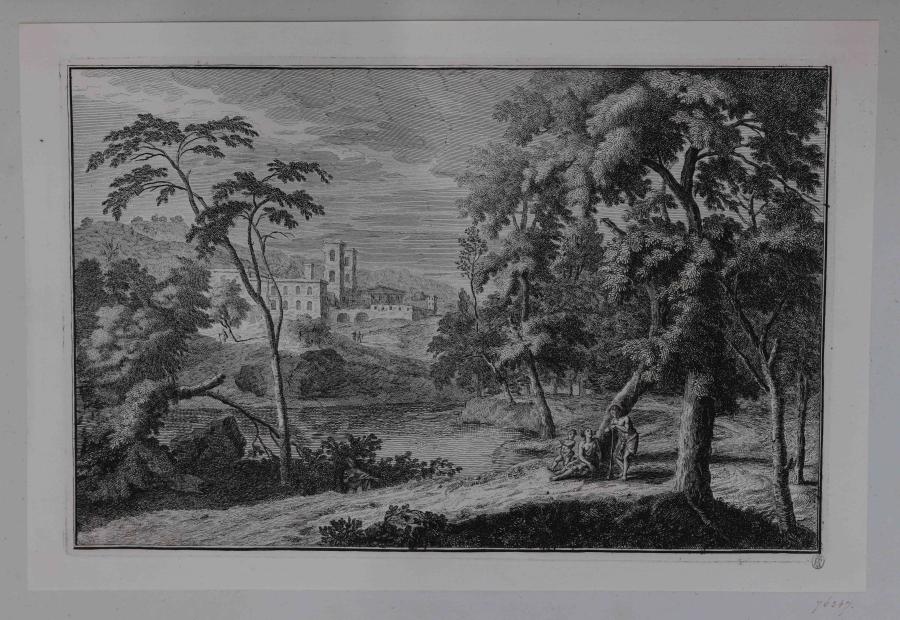 Landschap met man, vrouw en kind aan de oever van een rivier