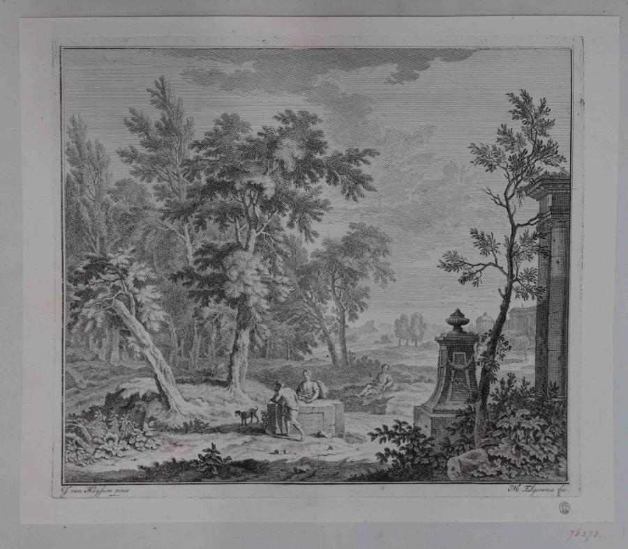 Landschap met drie mensen bij een tombe