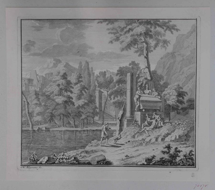 Landschap met zes mensen bij een tombe