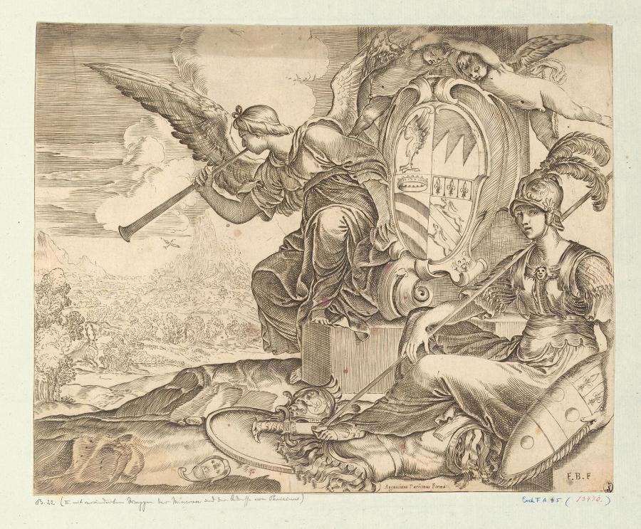 Minerva en de Faam bij wapen Kardinaal Gaetano