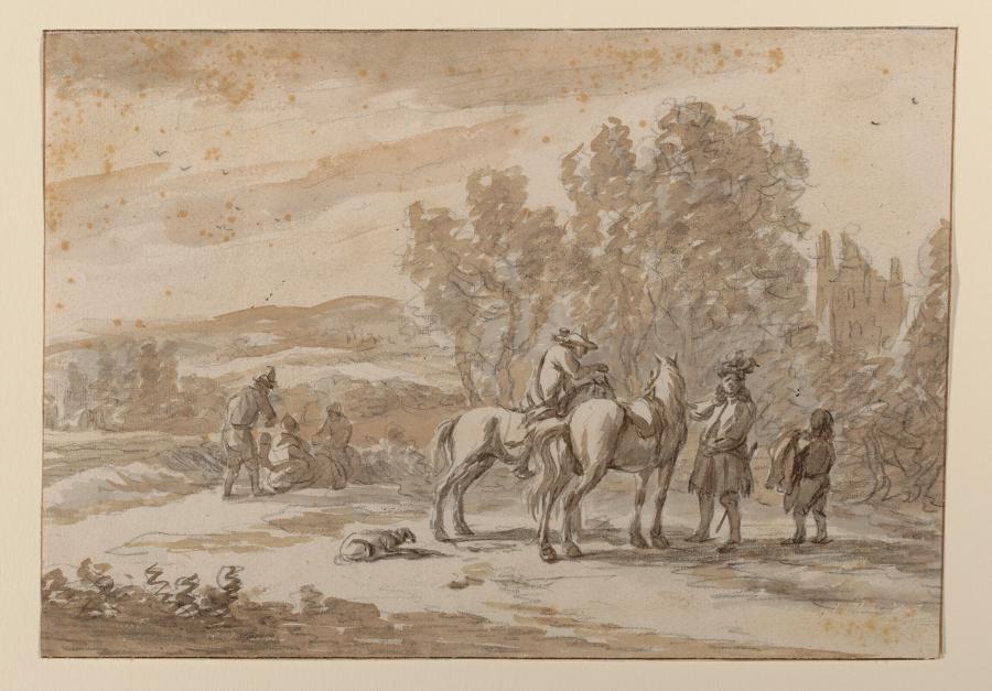 Bergachtig en boomrijk landschap met figuren, twee paarden en een hond