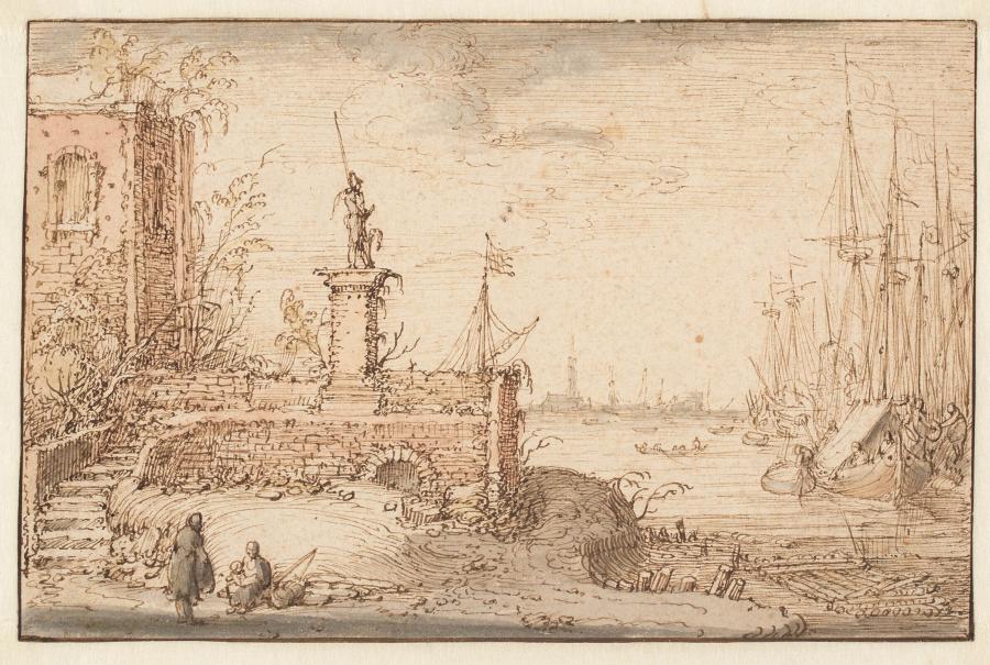 Gezicht op een terras en schepen in een haven