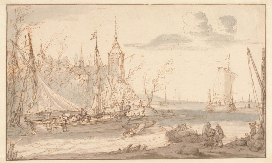 Gezicht op een rivier met schepen en kerktoren