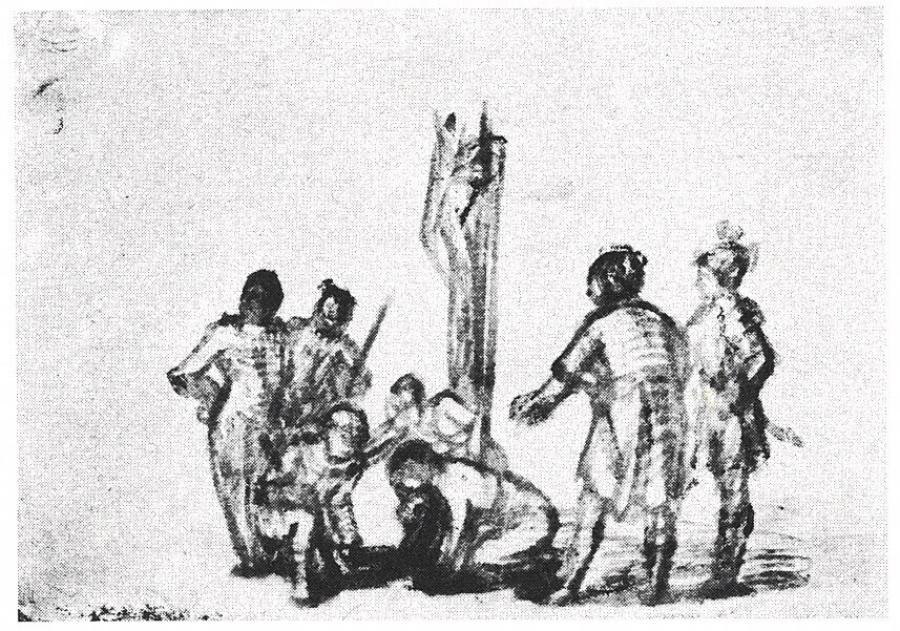 Groep soldaten aan de voet van het kruis