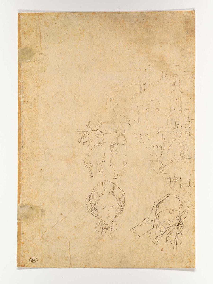 Two Figures, a Fortified Town and a Female Head