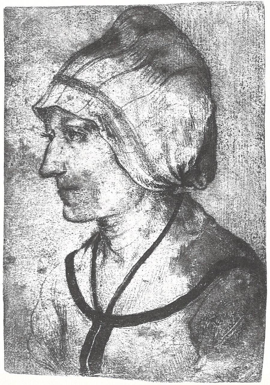 Portret van een vrouw met muts, gewend naar links