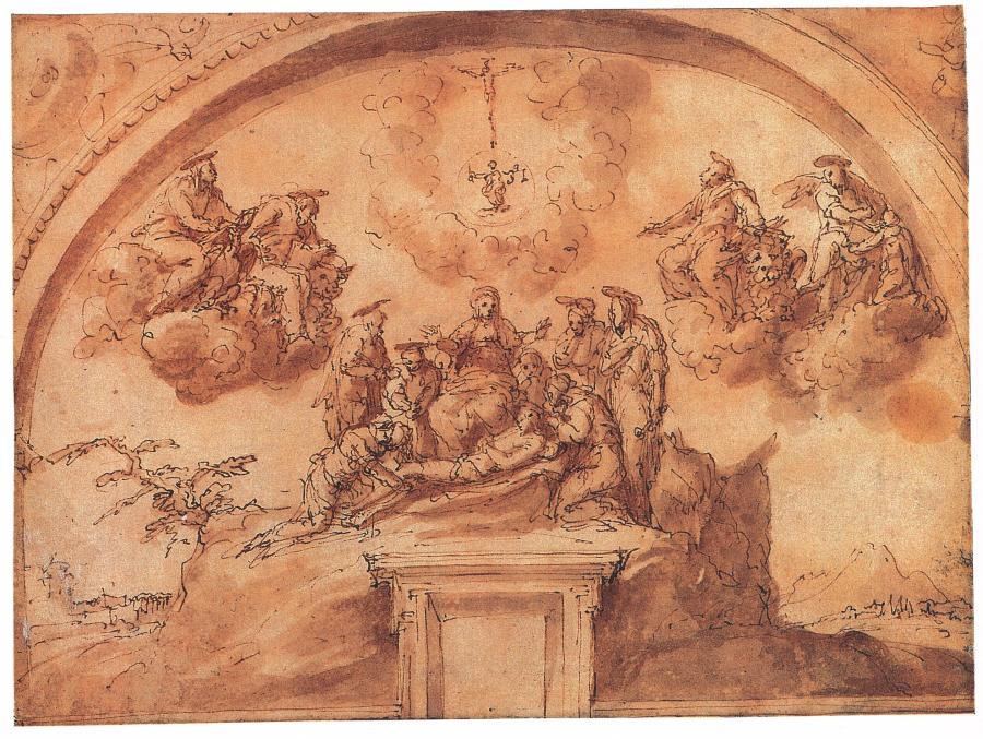 Ontwerp voor een muurdecoratie met de Bewening van Christus, St. Johannes de Evangelist, St. Lukas, St. Marcus en St. Mattheus, een kruisiging en een Allegorie op Justitia