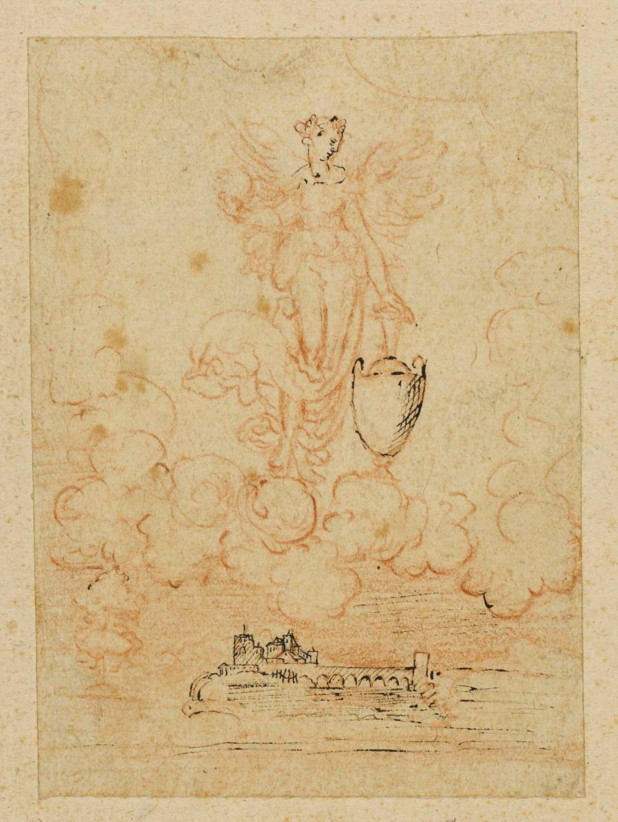 Gevleugelde vrouwenfiguur staande op een globe met een vaas (Nemesis), zwevend boven een stad aan een rivier