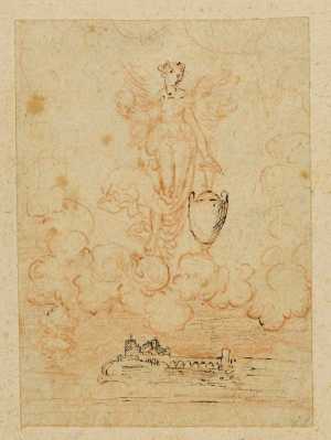 winged-female-figure-holding-a-vase-standing-on-a-globe-nemesis-hovering-over-a-city-on-a-river