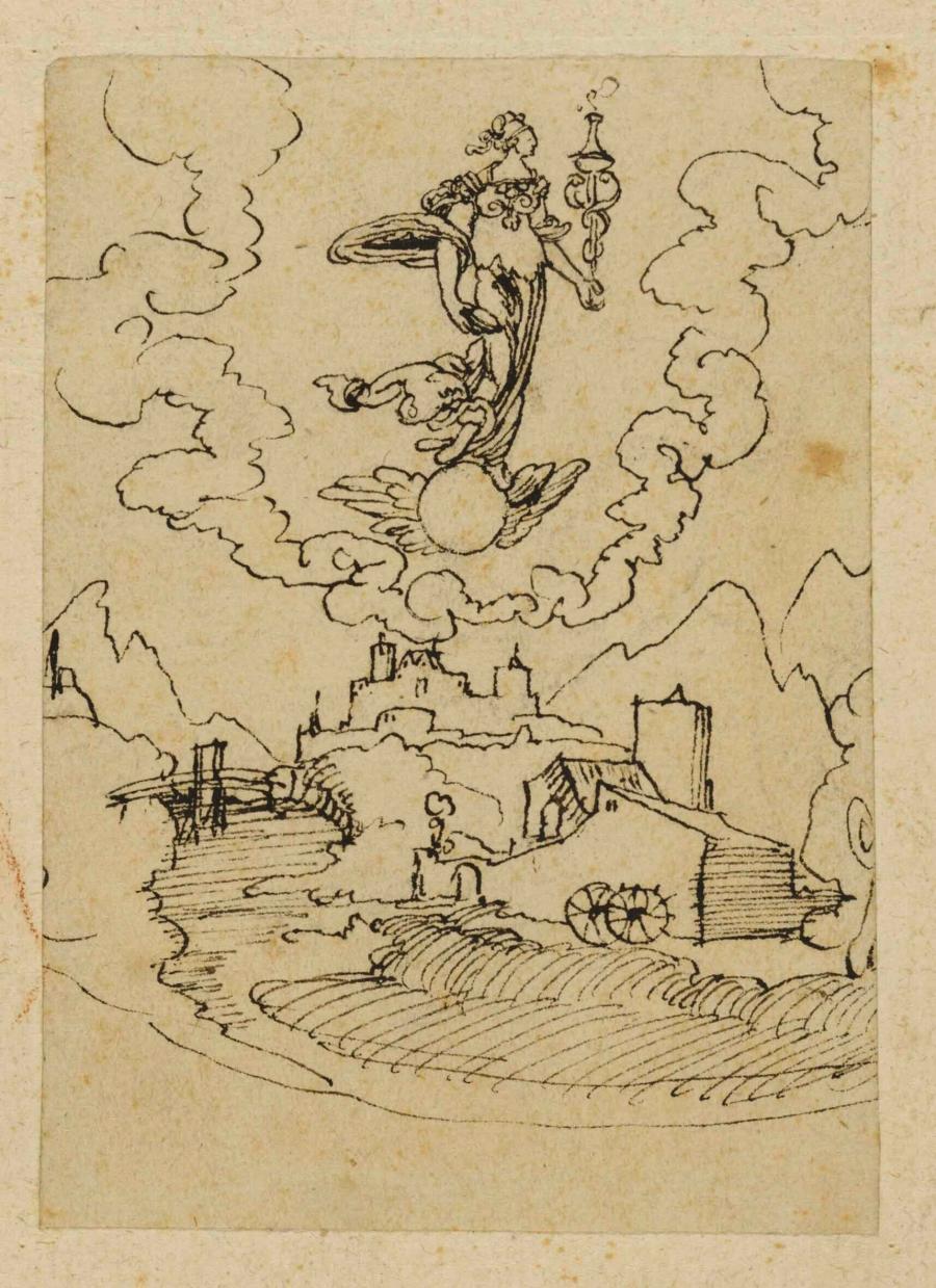 Vrouwelijke figuur met een Mercuriusstaf op een gevleugelde globe (Fortuna), zwevend boven een landschap met een watermolen