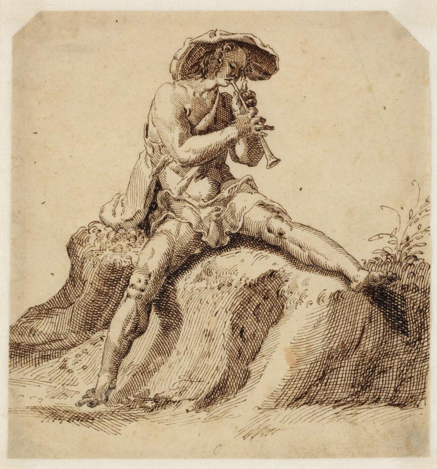 Shepherd Seated on a Hill Playing his Flute